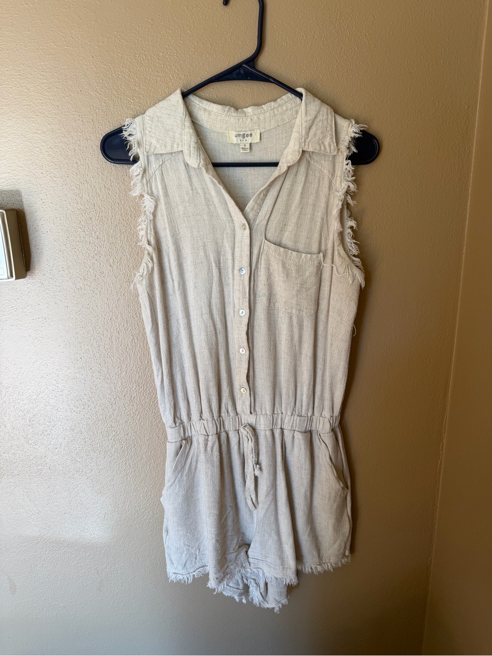 Umgee Cream Linen Button Romper Small